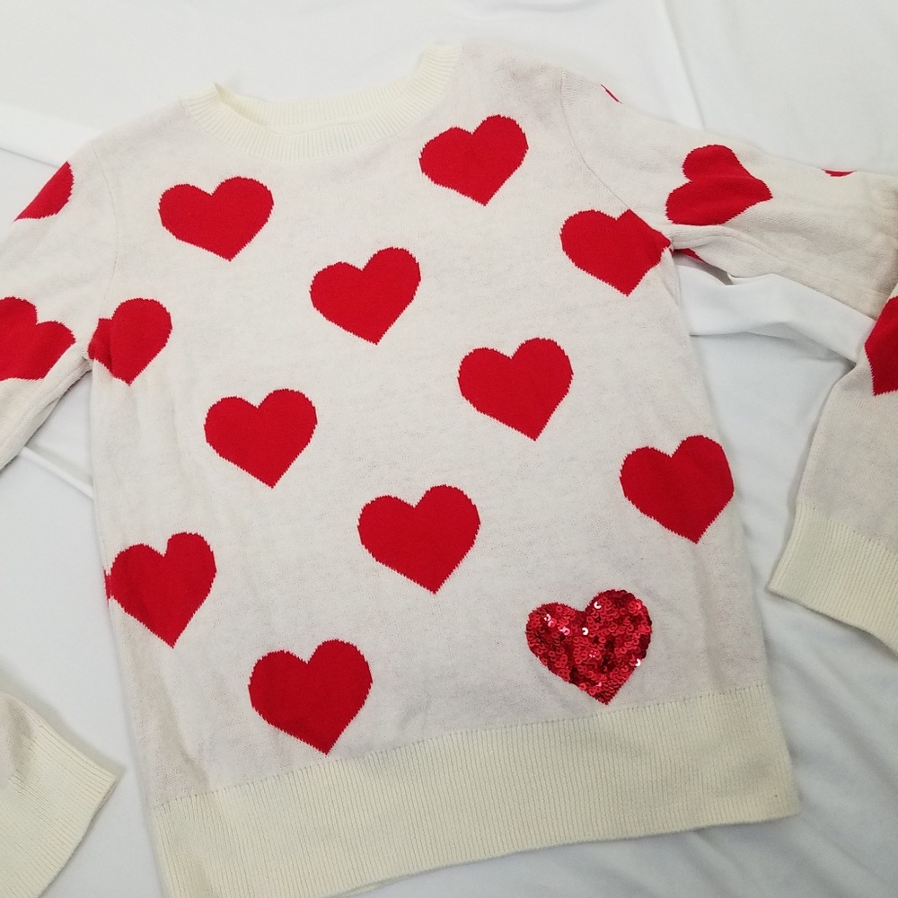 Gap Kids size XL Sequin Heart Sweater Red Ivory - Picture 1 of 8